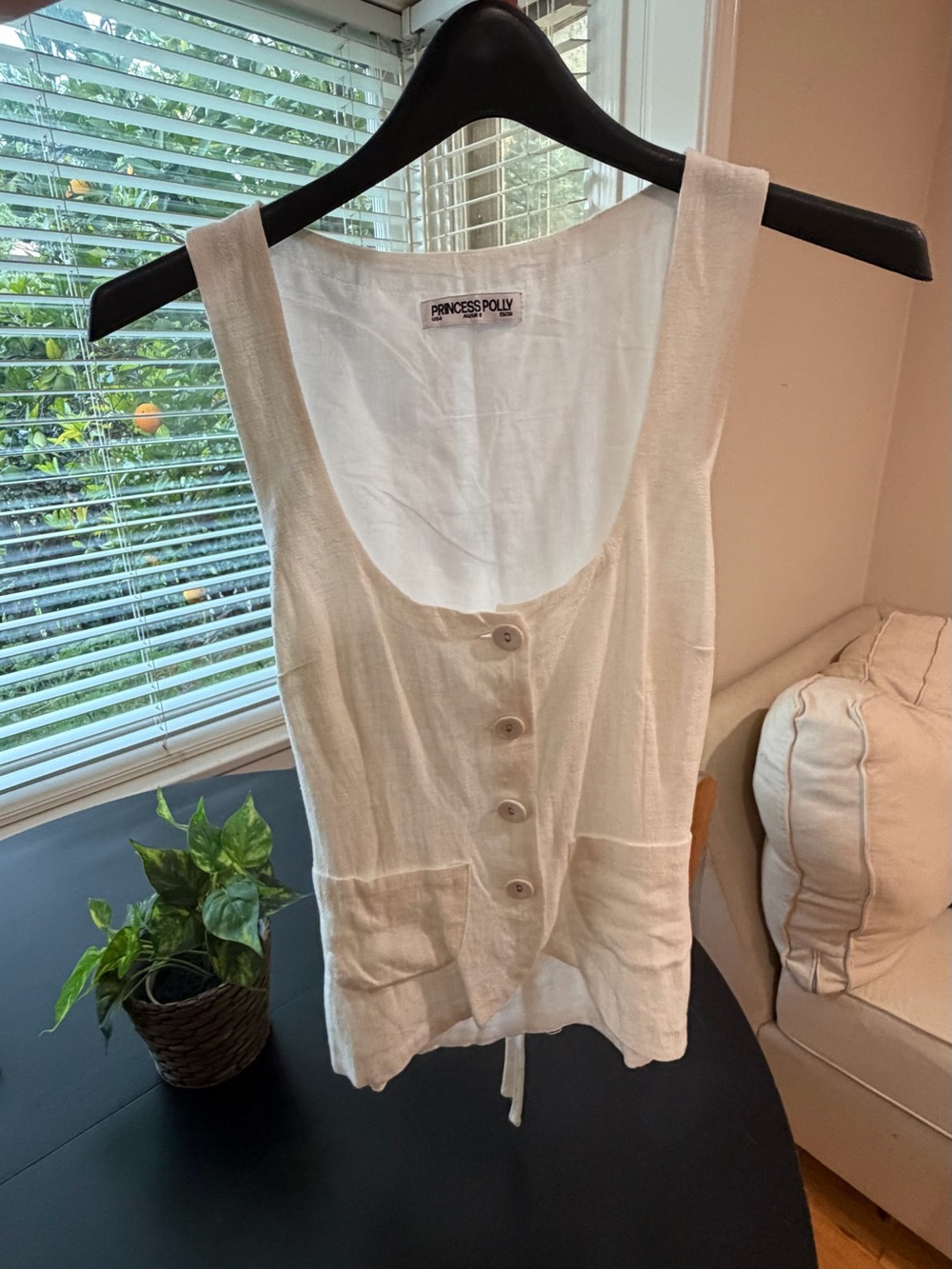 Princess Polly Linen-Blend Cream Button Tank